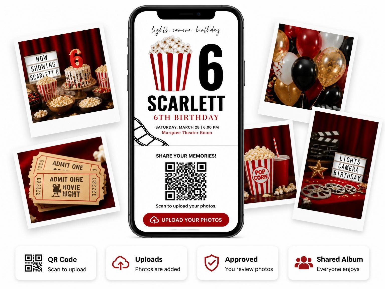 The shared photo gallery that comes with the Cinema Popcorn Motif 6th Birthday Invitation invitation