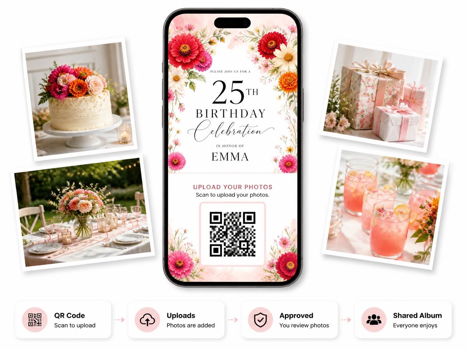 The shared photo gallery that comes with the Floral Wreath Scarlet 25th Birthday Invitation invitation