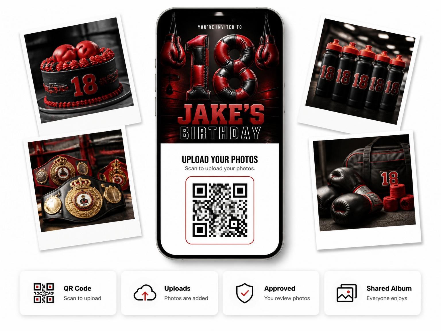 The shared photo gallery that comes with the Red and Black Leather Boxing 18th Birthday invitation
