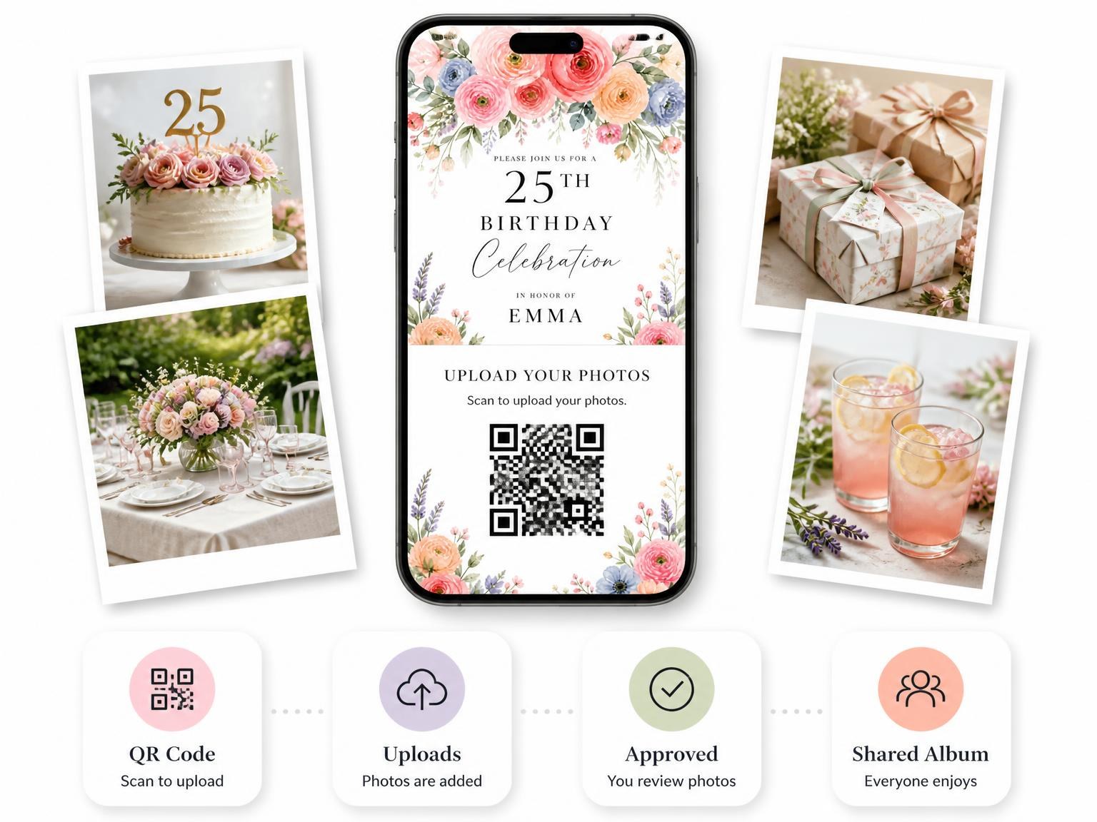 The shared photo gallery that comes with the Pastel Arch Garland 25th Birthday Invitation invitation