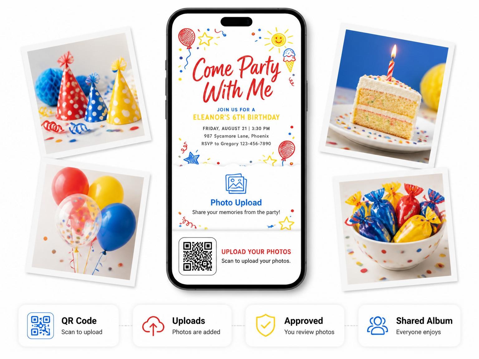 The shared photo gallery that comes with the Primary Crayon Motif 6th Birthday Invitation invitation