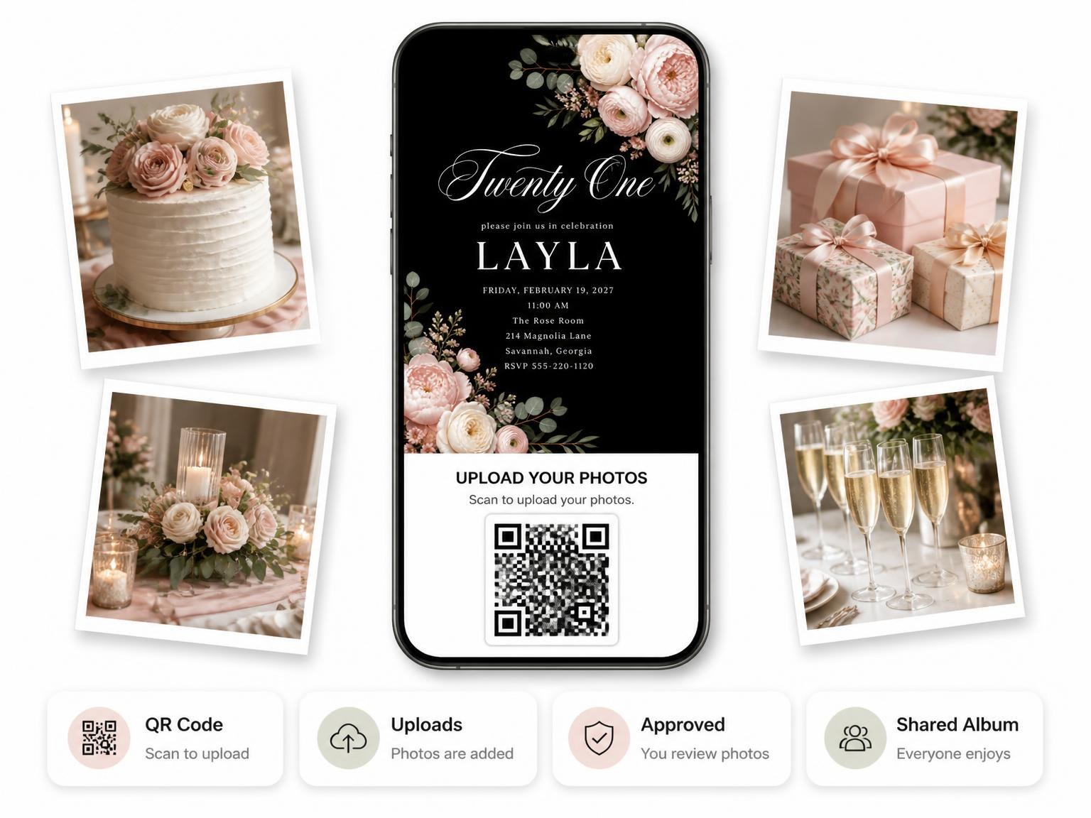 The shared photo gallery that comes with the Black Floral 21st Birthday Invitation invitation