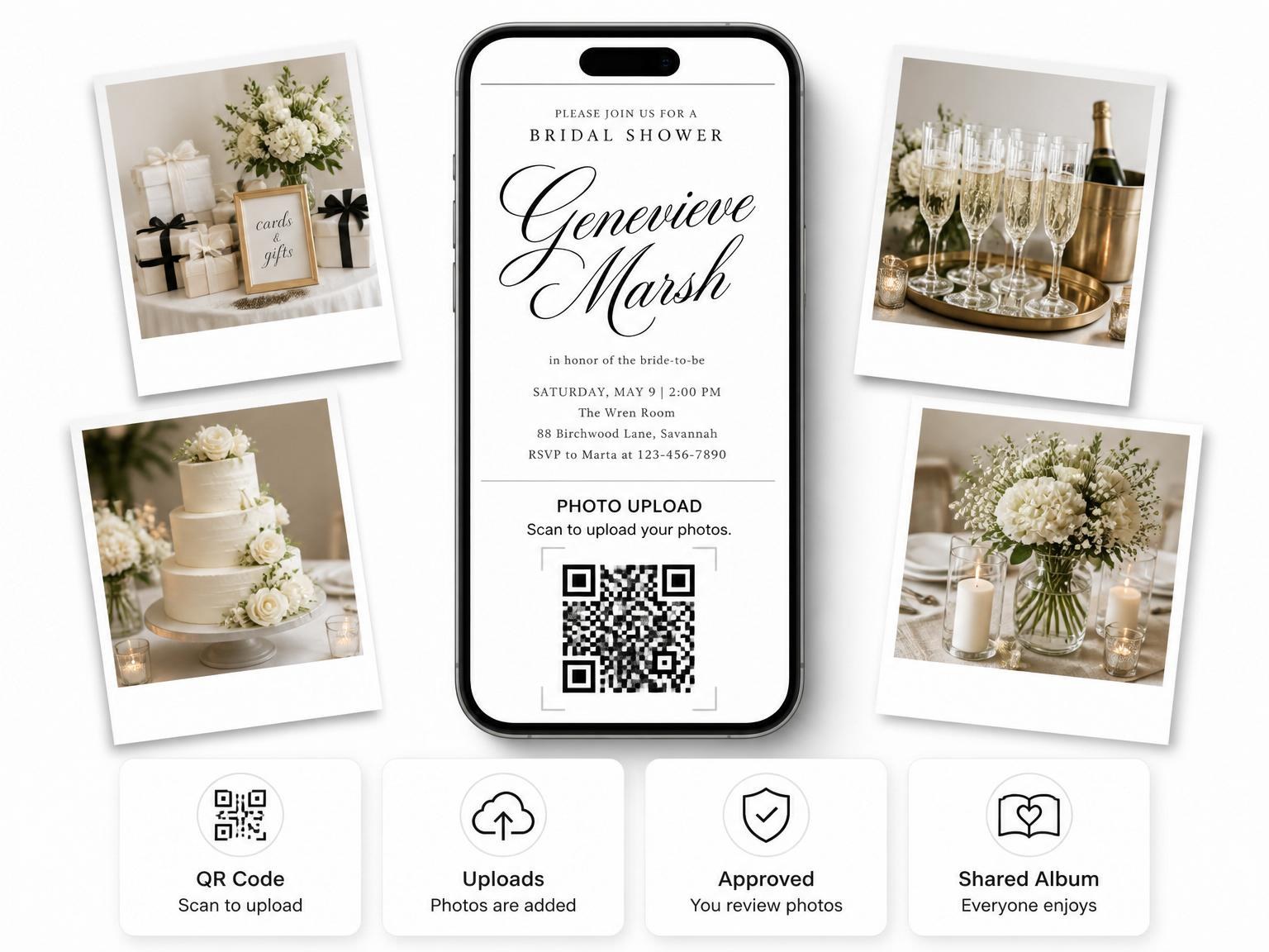 The shared photo gallery that comes with the Minimalist Black Script Bridal Shower invitation