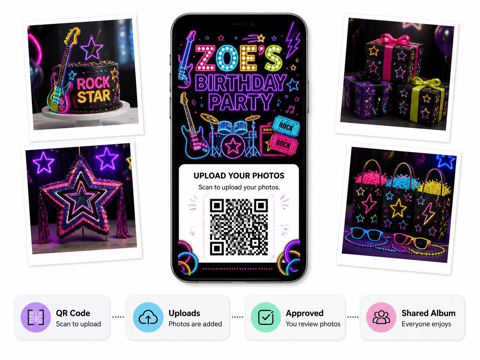 The shared photo gallery that comes with the Neon Rock Star 17th Birthday Invitation invitation