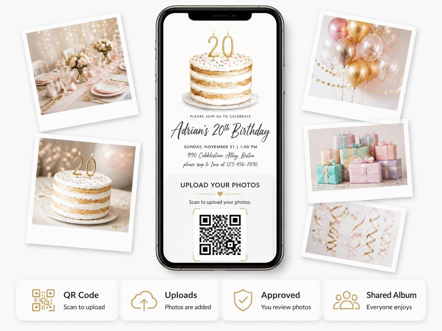 The shared photo gallery that comes with the Watercolor Vanilla Cake 20th Birthday Invitation invitation