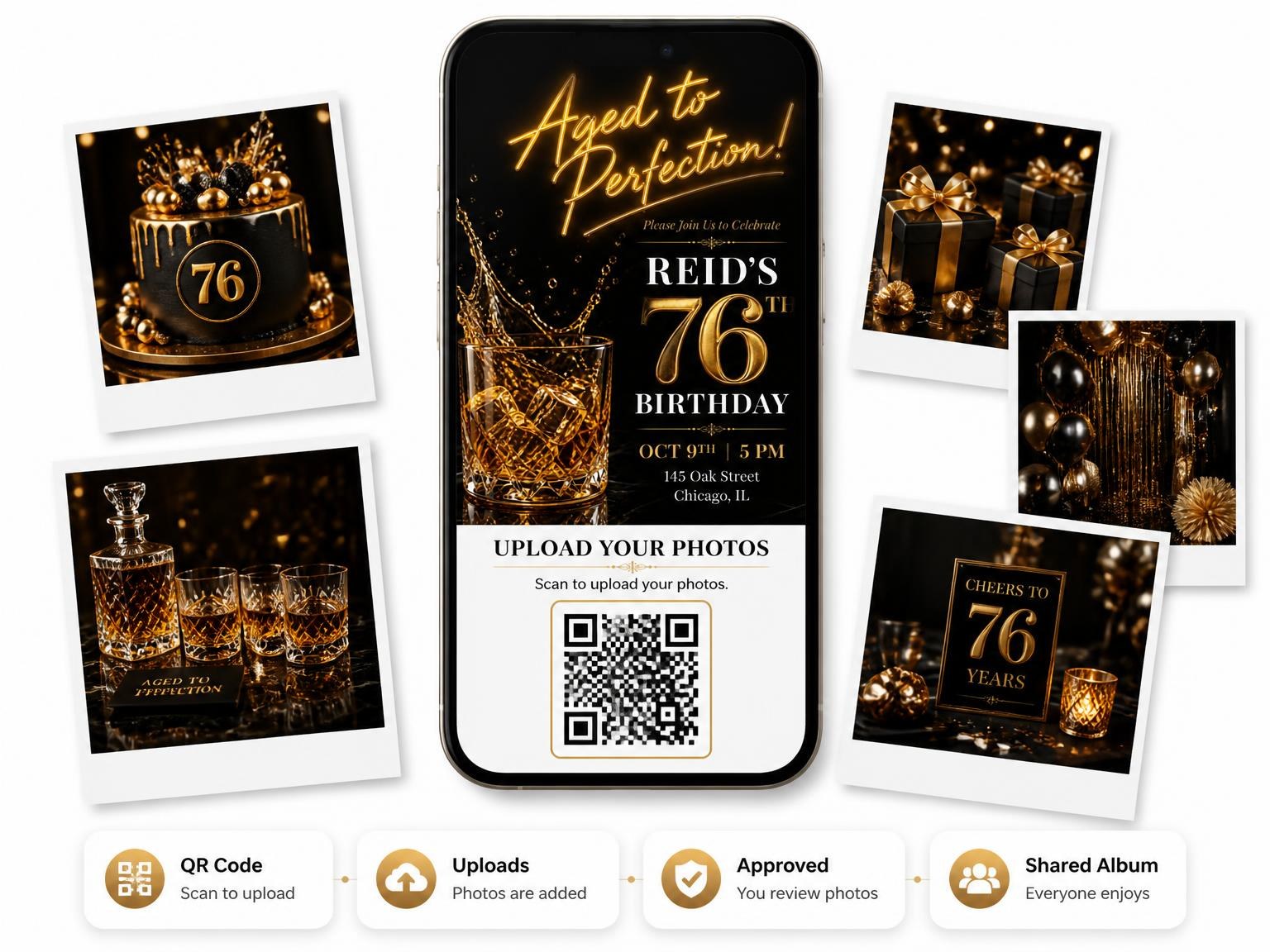 The shared photo gallery that comes with the Whiskey Glass 76th Birthday Invitation invitation