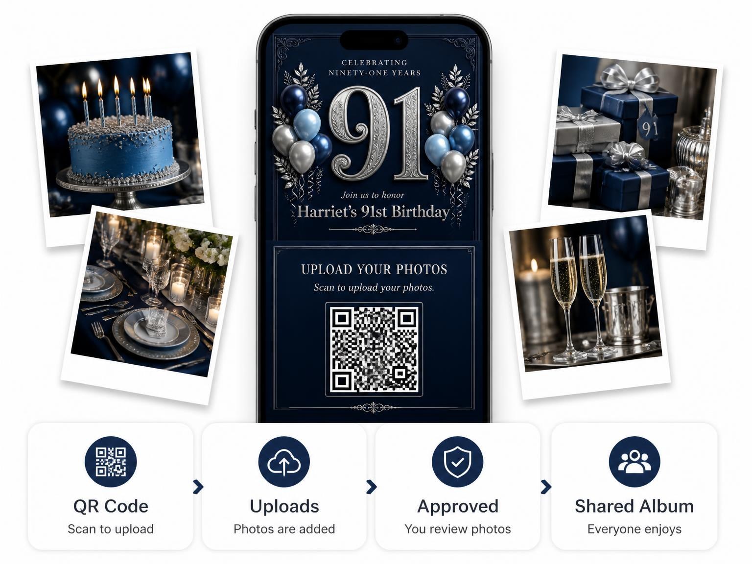 The shared photo gallery that comes with the Navy and Silver 91st Birthday Invitation invitation