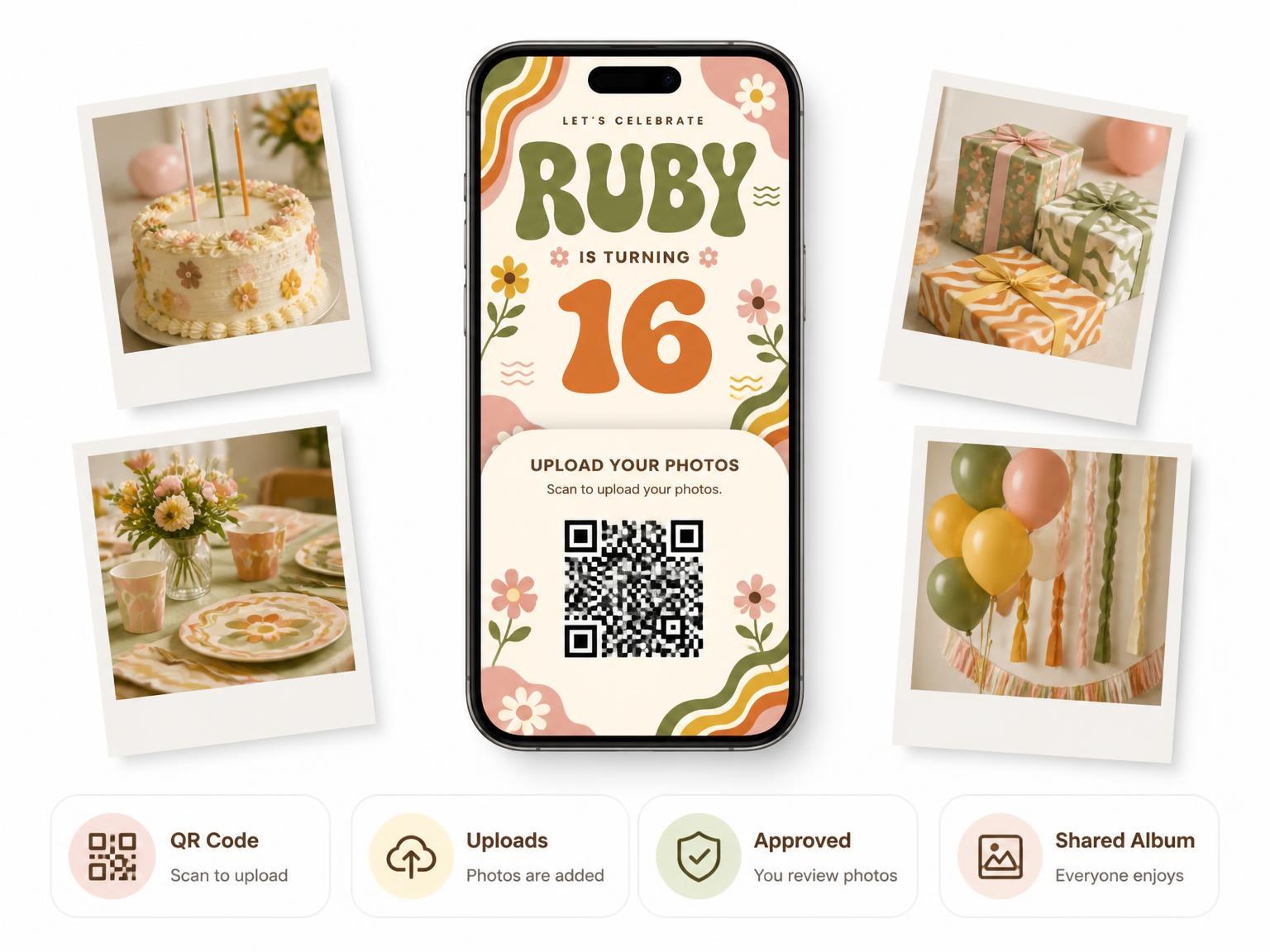 The shared photo gallery that comes with the Groovy Retro 16th Birthday Invitation invitation