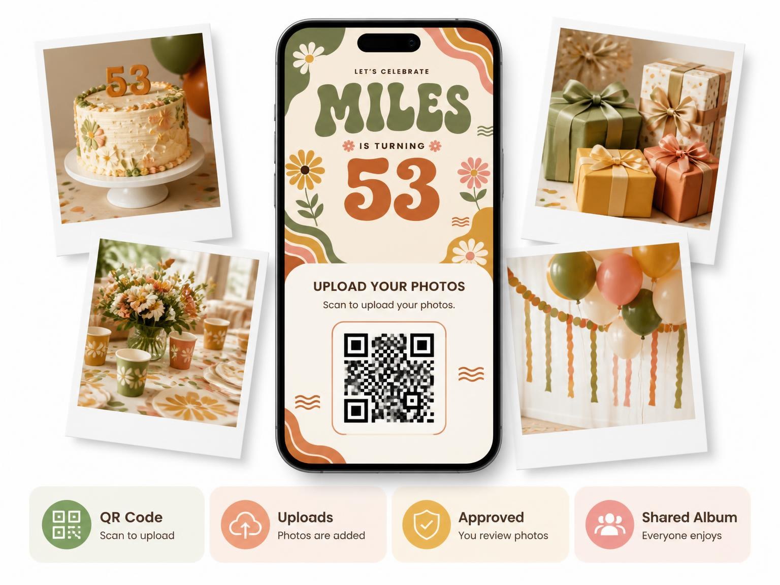 The shared photo gallery that comes with the Groovy Retro 53rd Birthday Invitation invitation