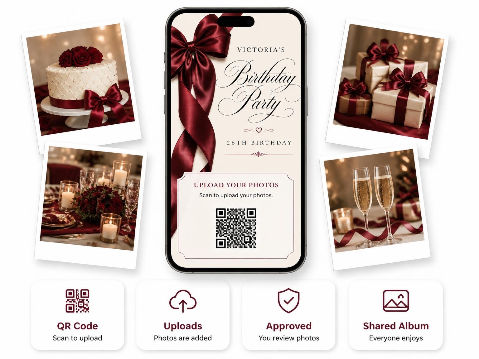 The shared photo gallery that comes with the Burgundy Satin Bow 26th Birthday Invitation invitation