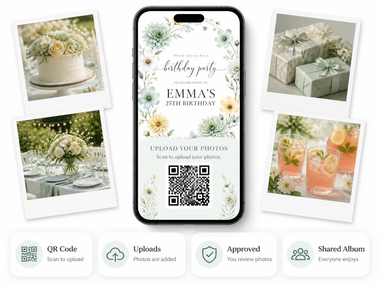 The shared photo gallery that comes with the Botanical Wreath Mint 25th Birthday Invitation invitation