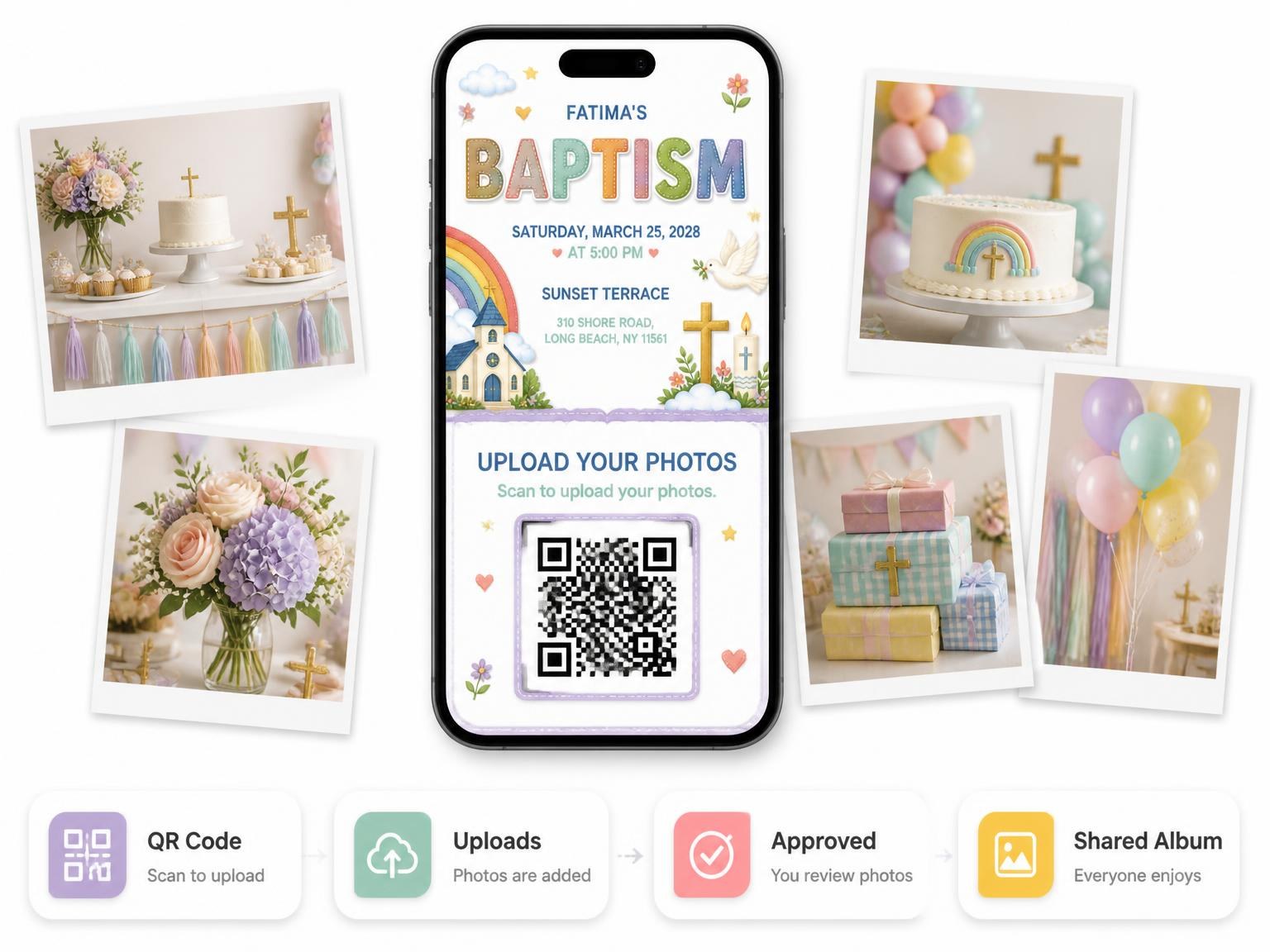The shared photo gallery that comes with the Rainbow Church Baptism Invitation invitation