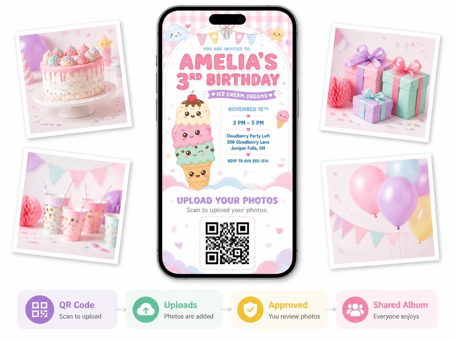 The shared photo gallery that comes with the Pastel Ice Cream 3rd Birthday Invitation invitation