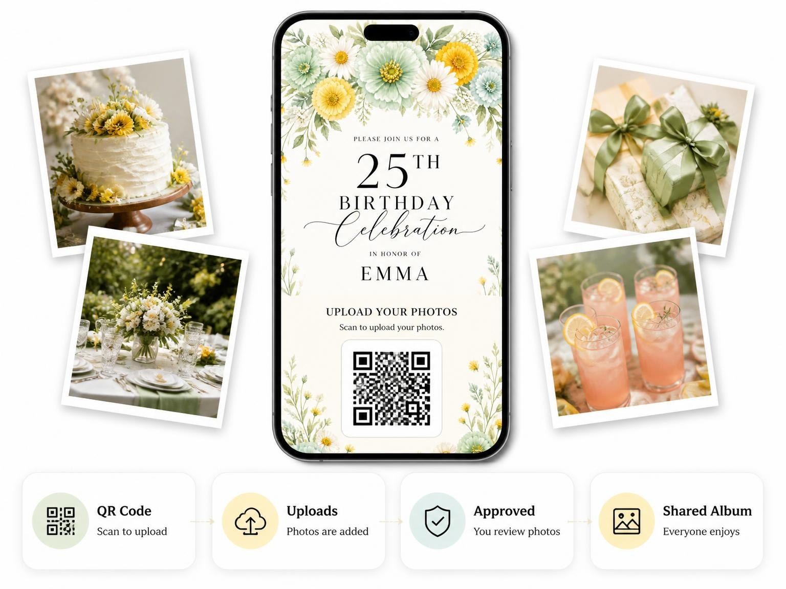 The shared photo gallery that comes with the Mint Zinnia Garland 25th Birthday Invitation invitation