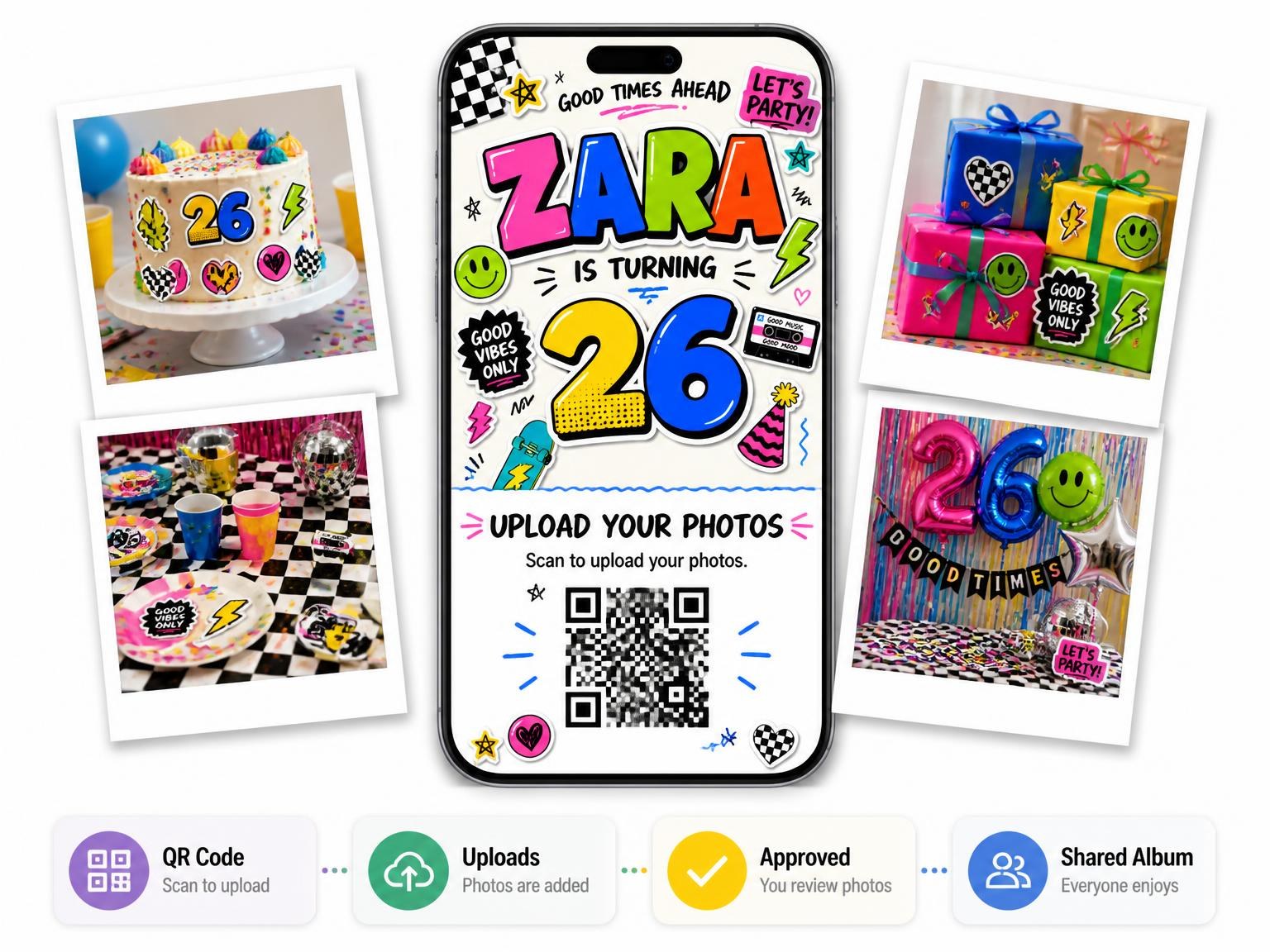 The shared photo gallery that comes with the Sticker Pop 26th Birthday Invitation invitation