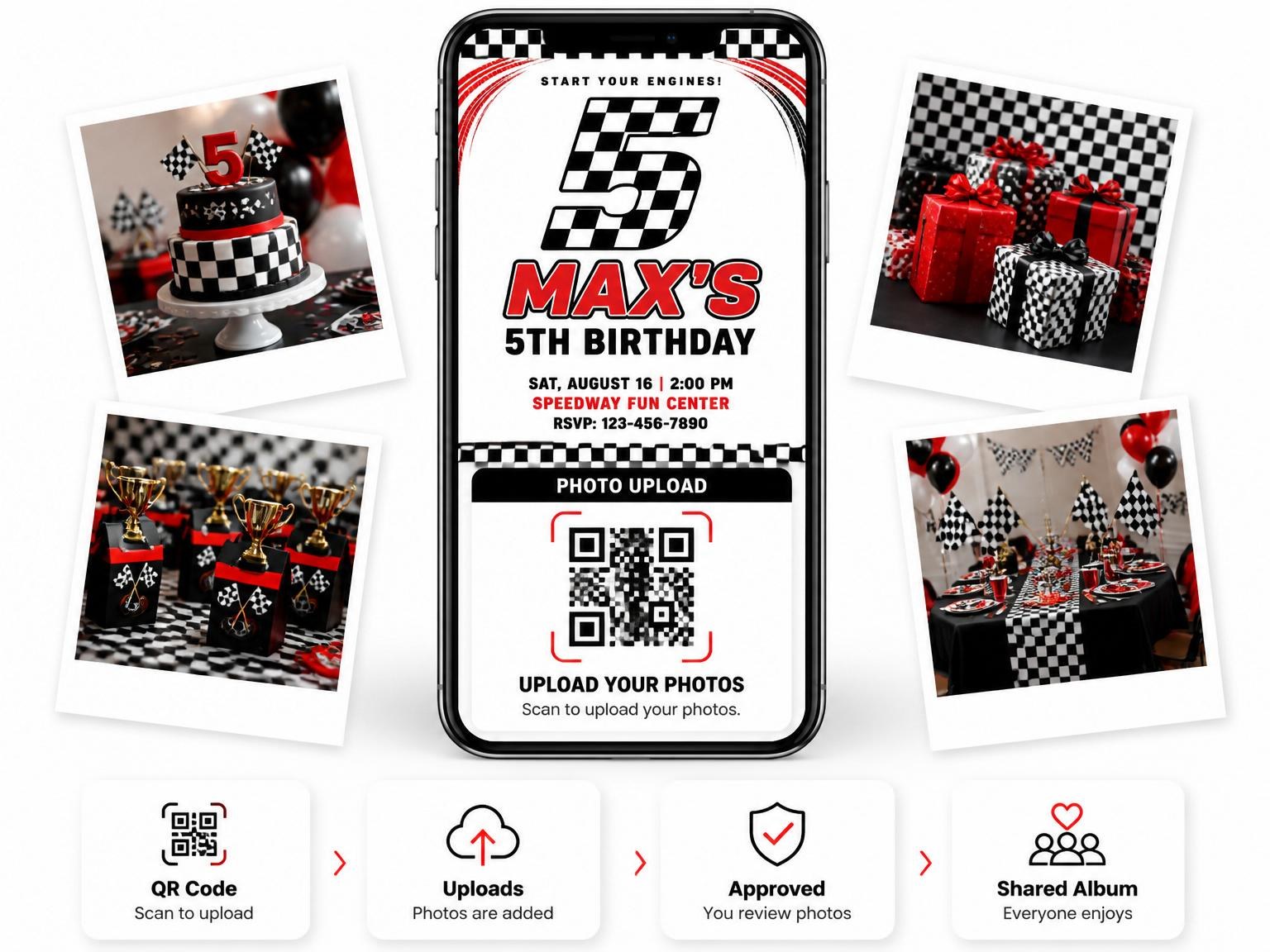 The shared photo gallery that comes with the Checkered Flag Racing 5th Birthday invitation