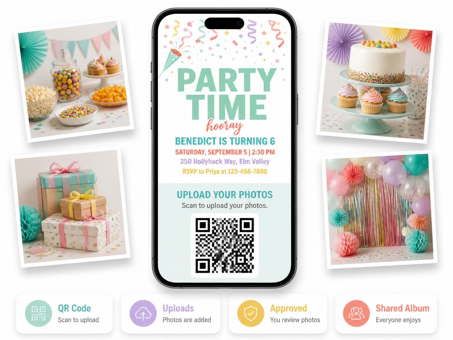 The shared photo gallery that comes with the Pastel Confetti Party Poppers 6th Birthday invitation