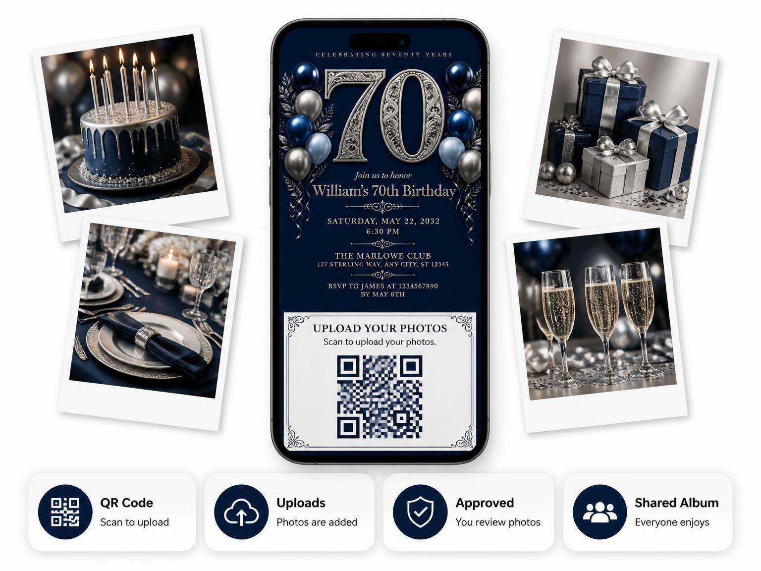The shared photo gallery that comes with the Navy Silver Filigree 70th Birthday Invitation invitation