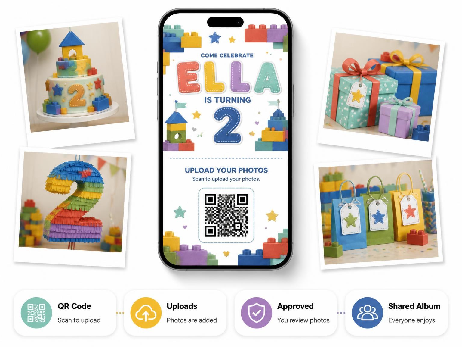 The shared photo gallery that comes with the Stitched Toy Blocks 2nd Birthday Invitation invitation