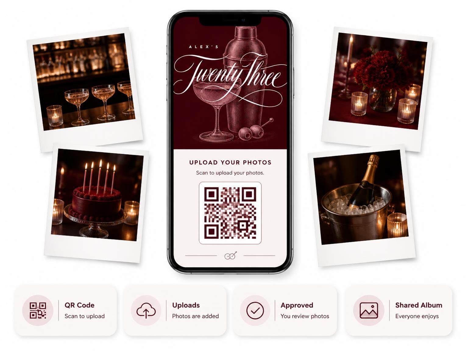 The shared photo gallery that comes with the Burgundy Cocktail 23rd Birthday Invitation invitation