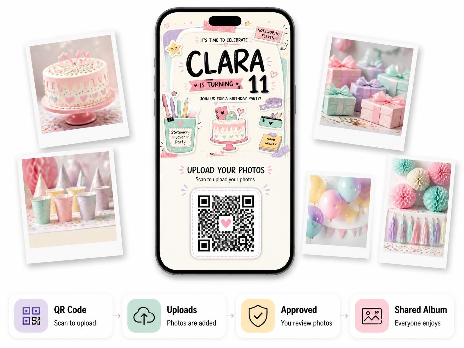 The shared photo gallery that comes with the Organizer Cup Pastel 11th Birthday Invitation invitation