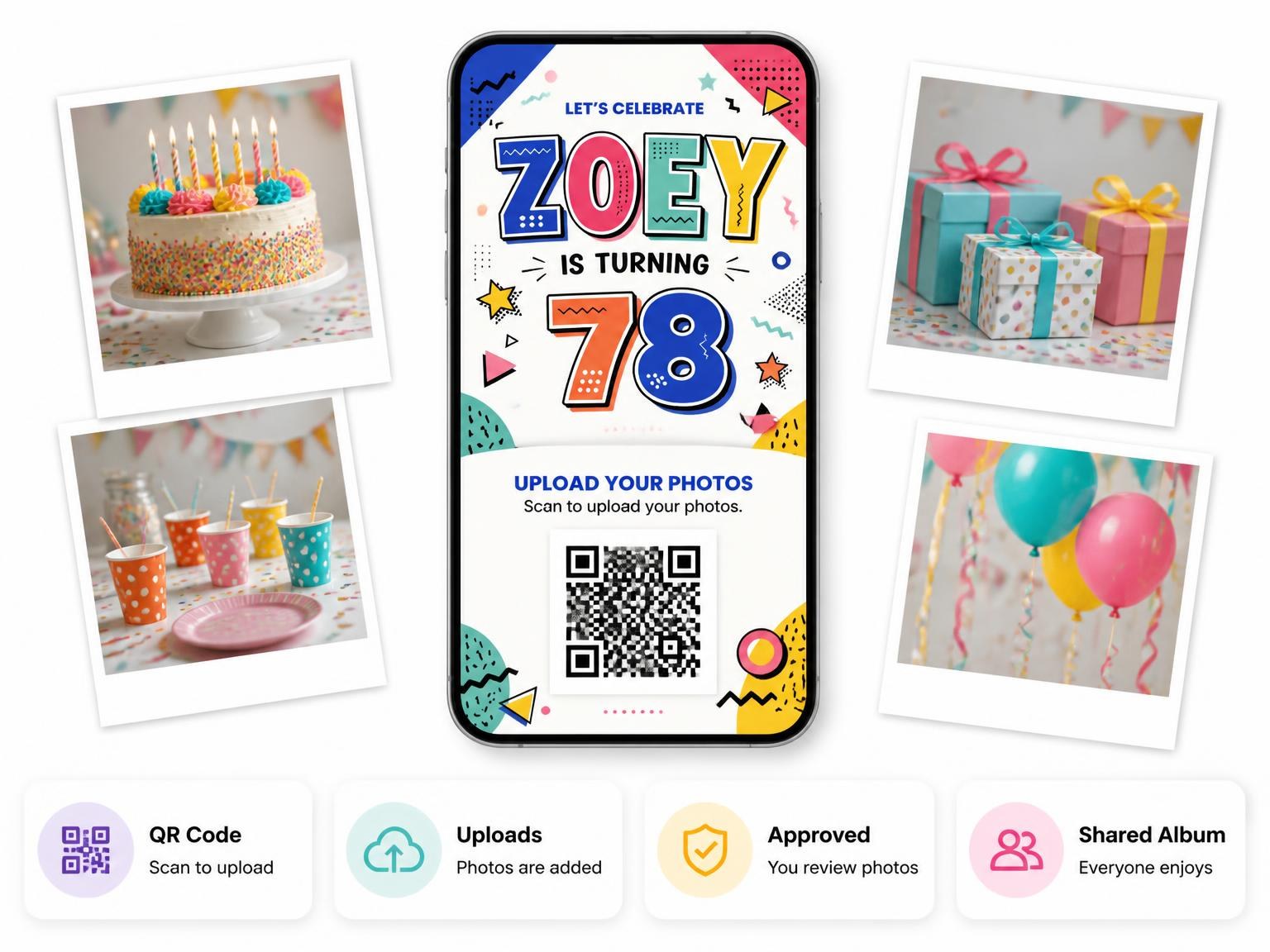 The shared photo gallery that comes with the Memphis Pop 78th Birthday Invitation invitation