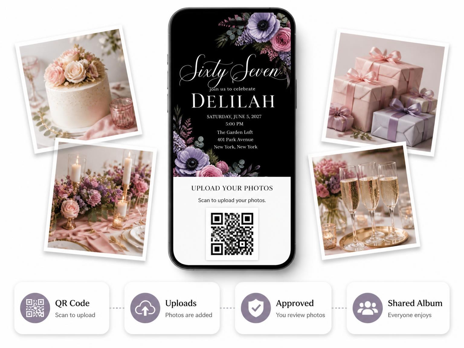 The shared photo gallery that comes with the Black Floral 67th Birthday Invitation invitation