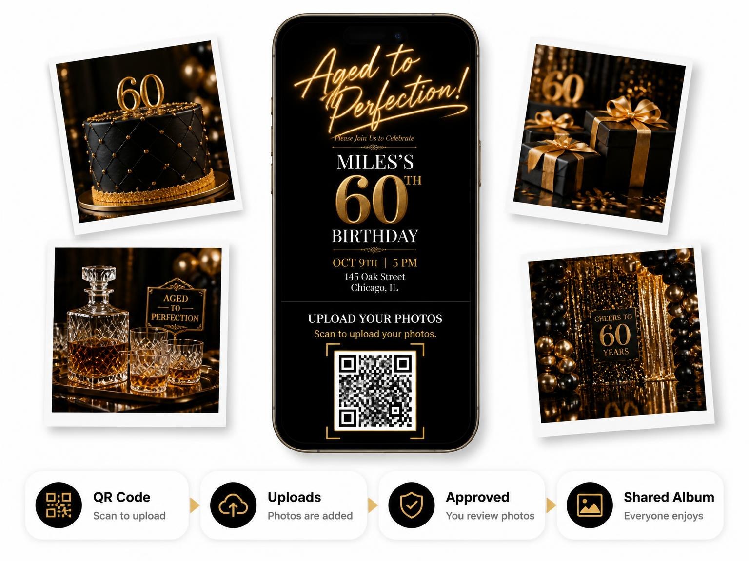 The shared photo gallery that comes with the Whiskey Glass 60th Birthday Invitation invitation