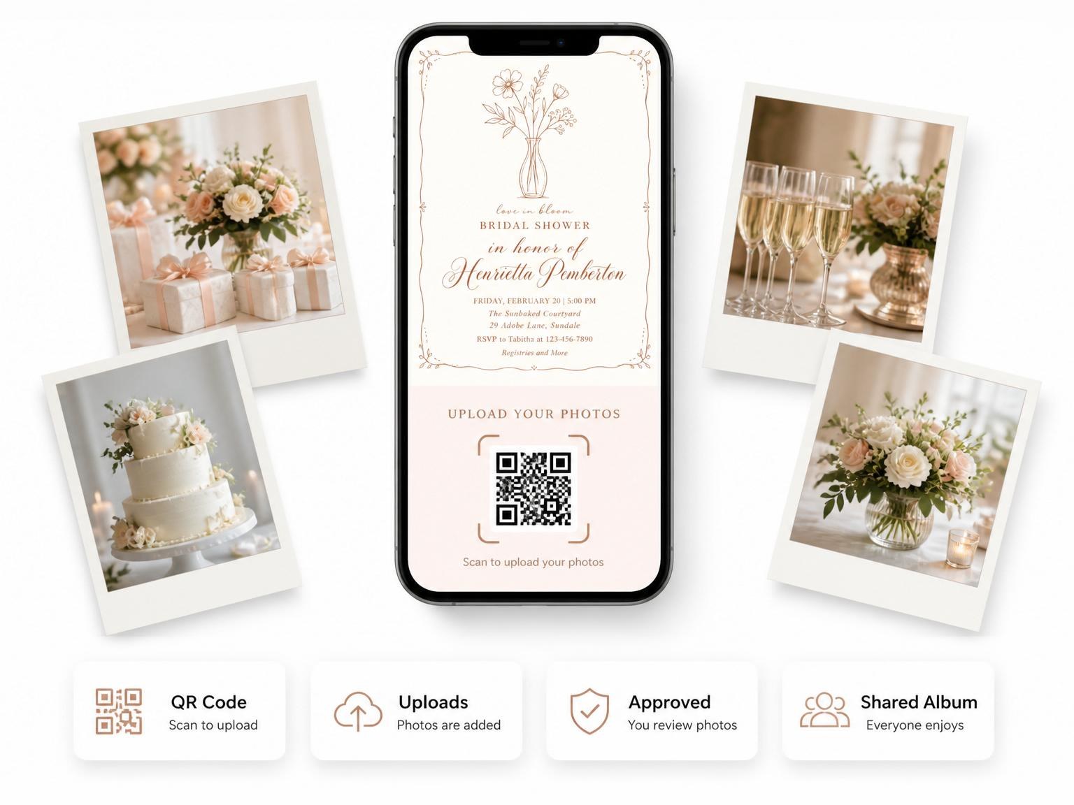 The shared photo gallery that comes with the Terracotta Line Art Floral Bridal Shower invitation