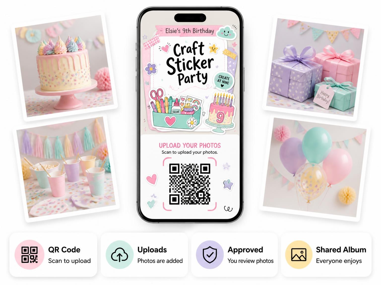 The shared photo gallery that comes with the Organizer Caddy Pastel 9th Birthday Invitation invitation