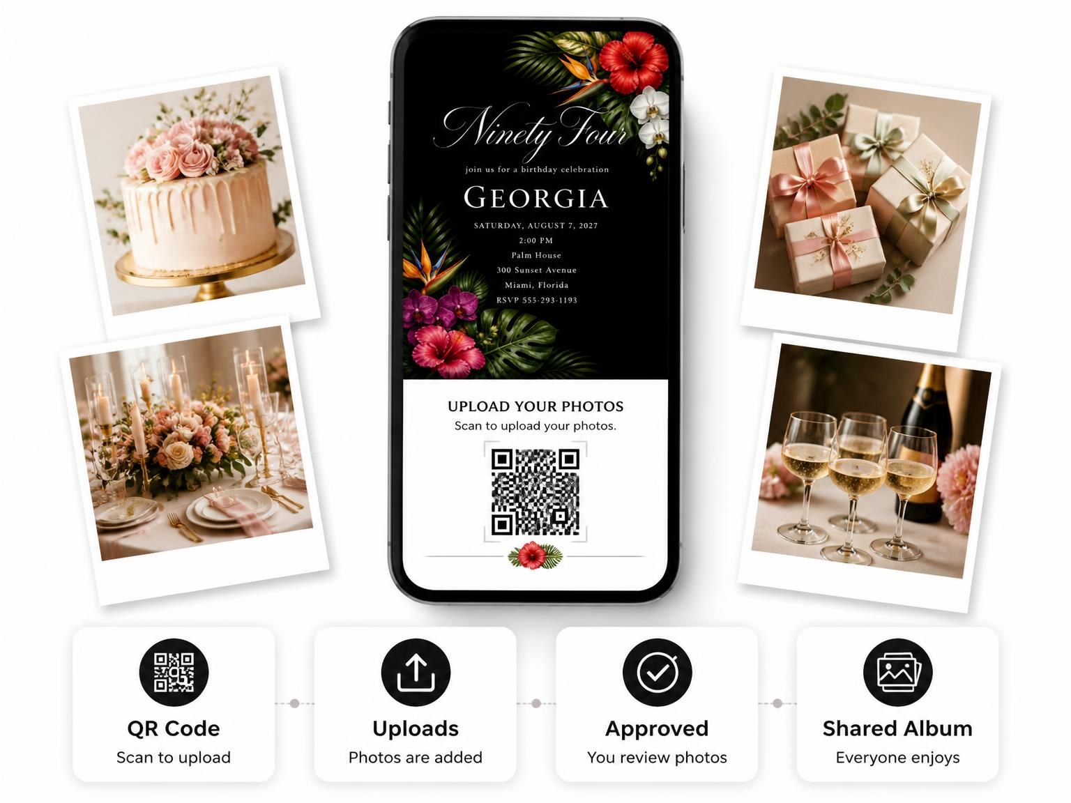 The shared photo gallery that comes with the Black Floral 94th Birthday Invitation invitation