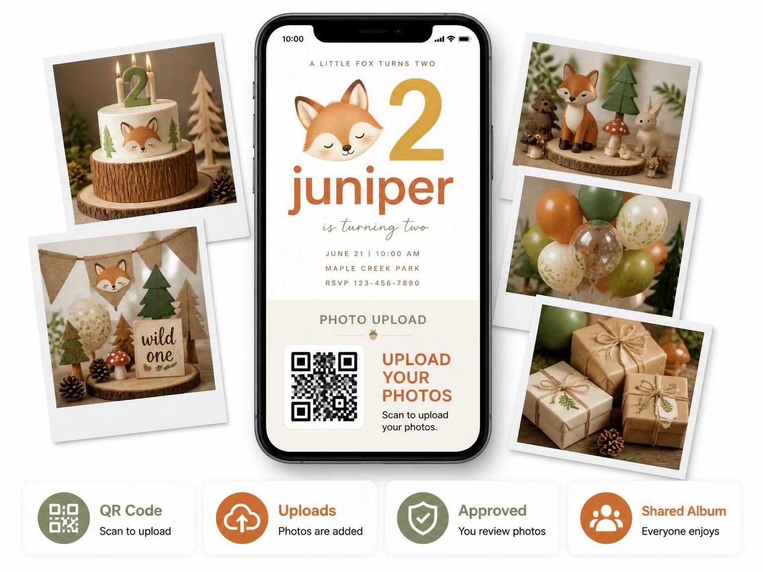 The shared photo gallery that comes with the Earthy Watercolor Fox 2nd Birthday invitation