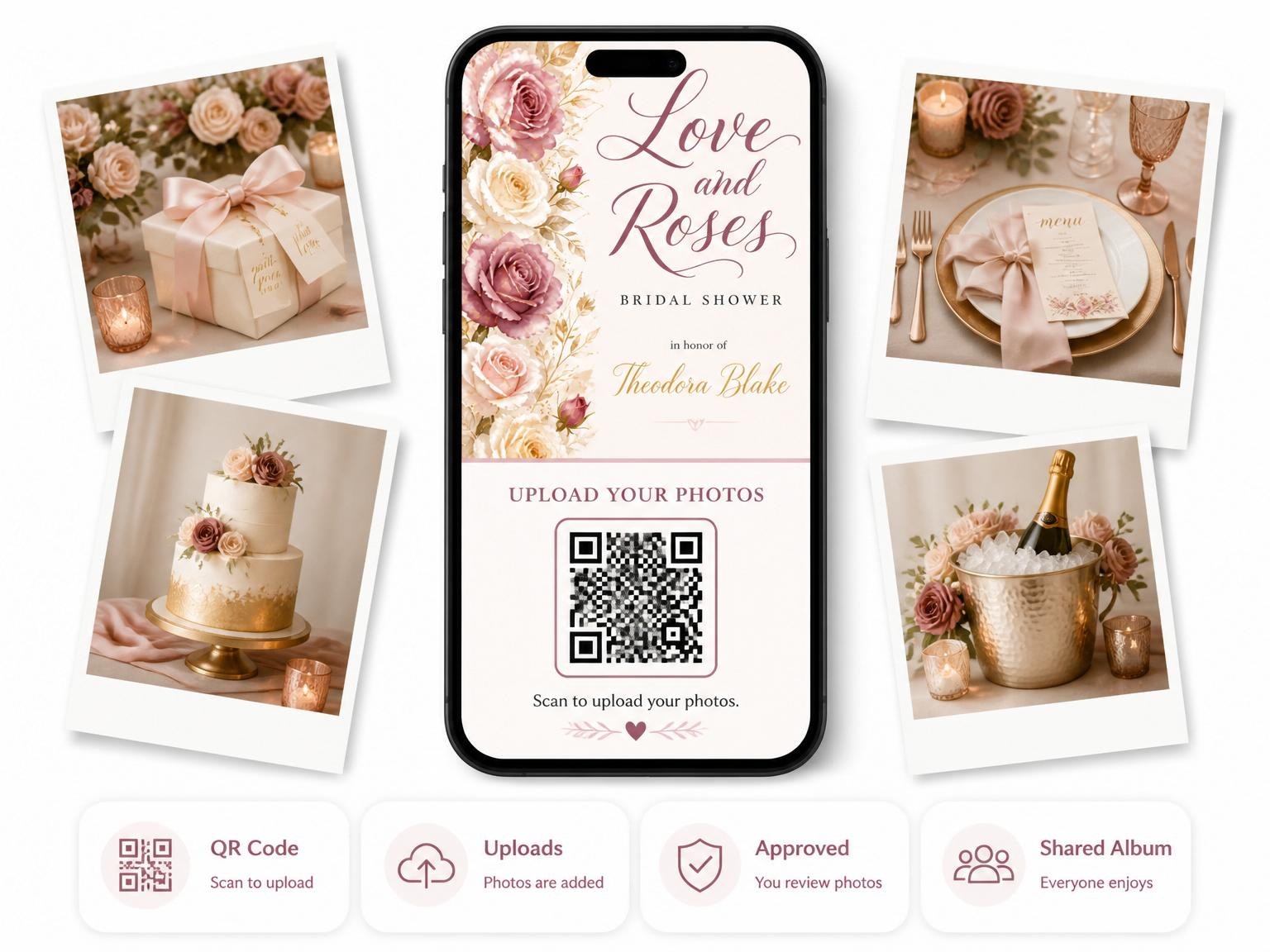 The shared photo gallery that comes with the Dusty Rose Floral Bridal Shower invitation
