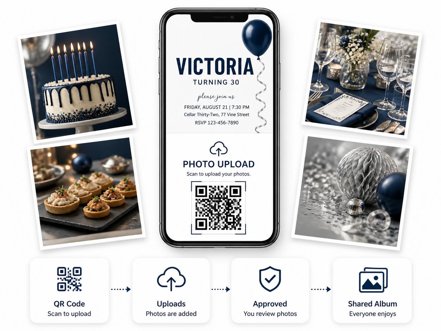 The shared photo gallery that comes with the Navy Balloon 30th Birthday invitation