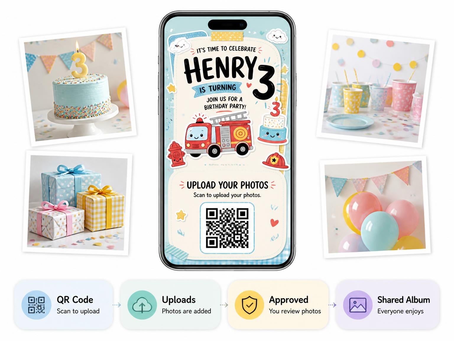 The shared photo gallery that comes with the Firetruck Pastel 3rd Birthday Invitation invitation