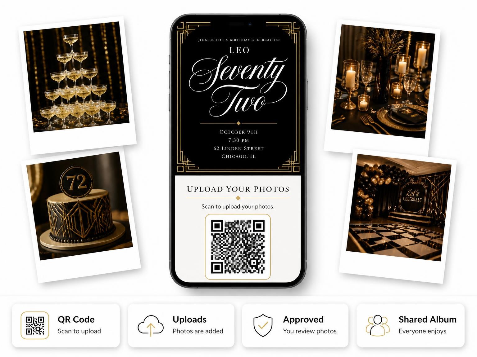 The shared photo gallery that comes with the Art Deco 72nd Birthday Invitation invitation