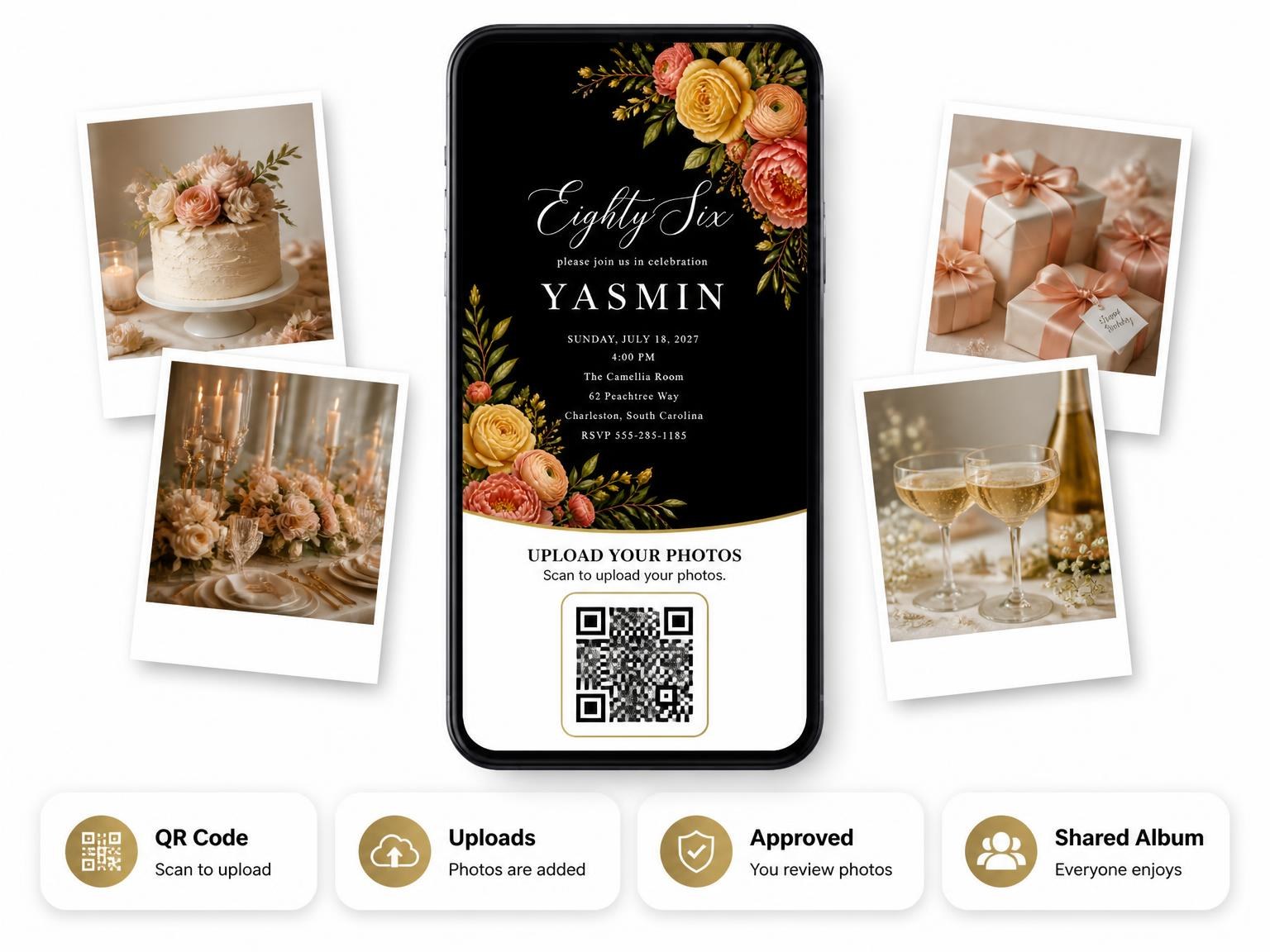 The shared photo gallery that comes with the Black Floral 86th Birthday Invitation invitation