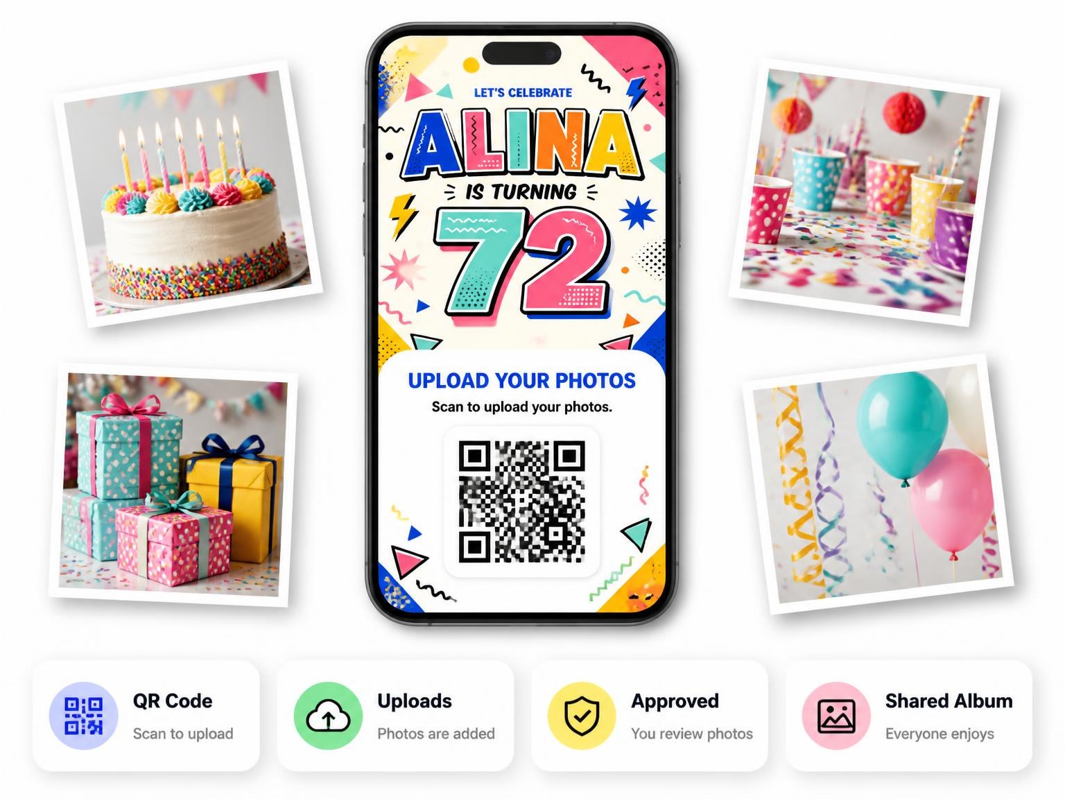 The shared photo gallery that comes with the Memphis Pop 72nd Birthday Invitation invitation