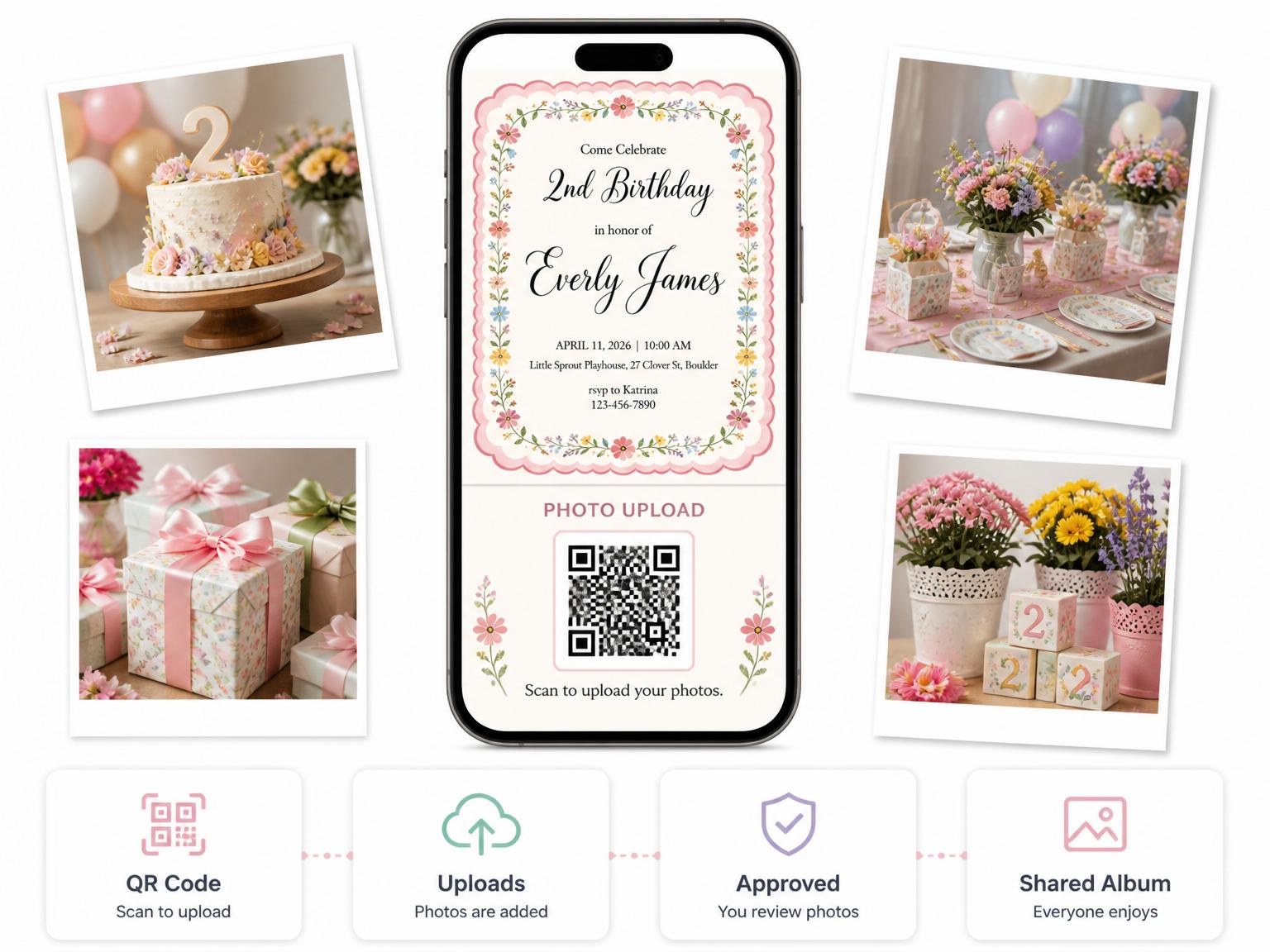 The shared photo gallery that comes with the Cream Floral Vine 2nd Birthday invitation