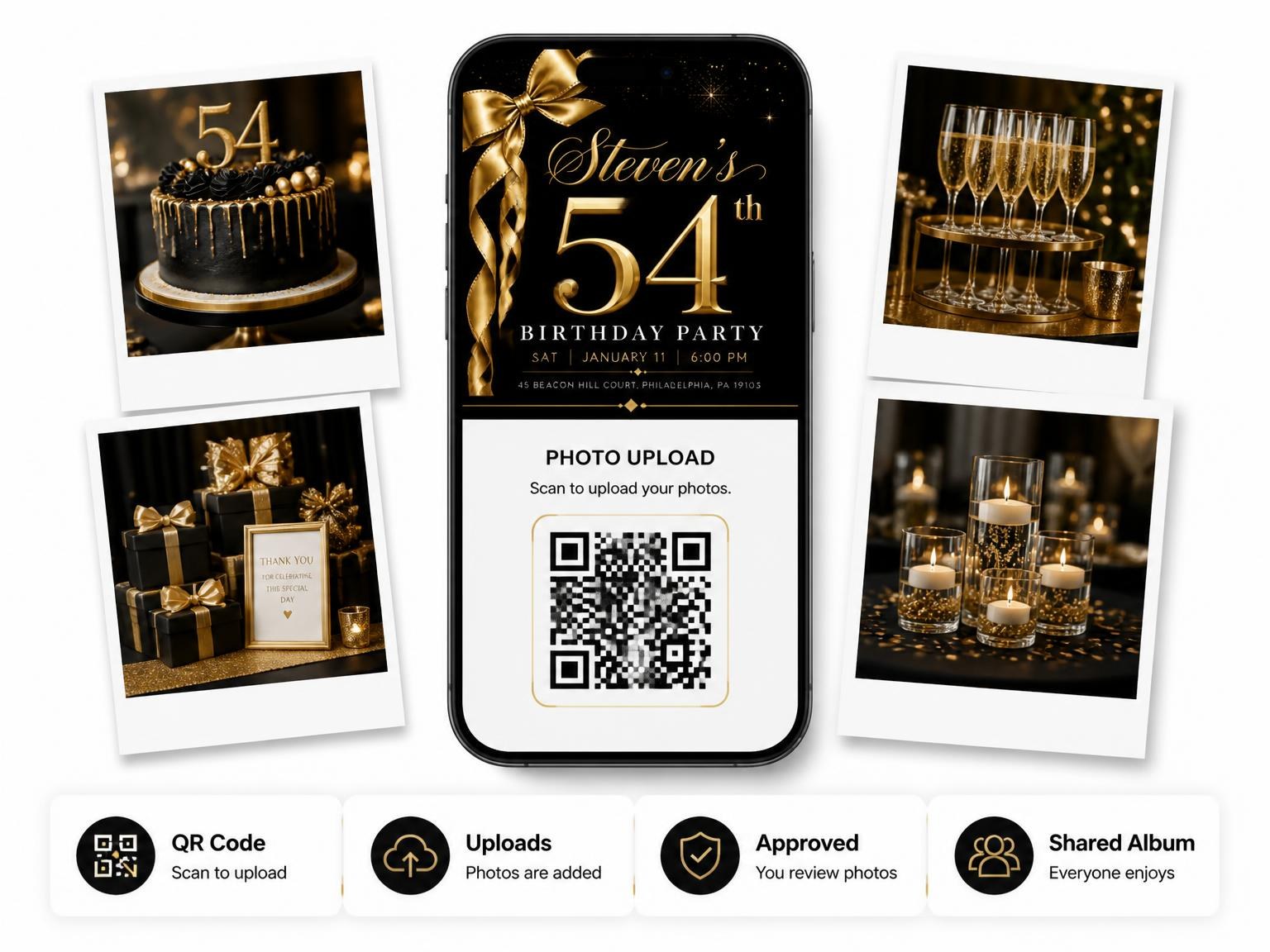 The shared photo gallery that comes with the Black and Gold Ribbon 54th Birthday invitation
