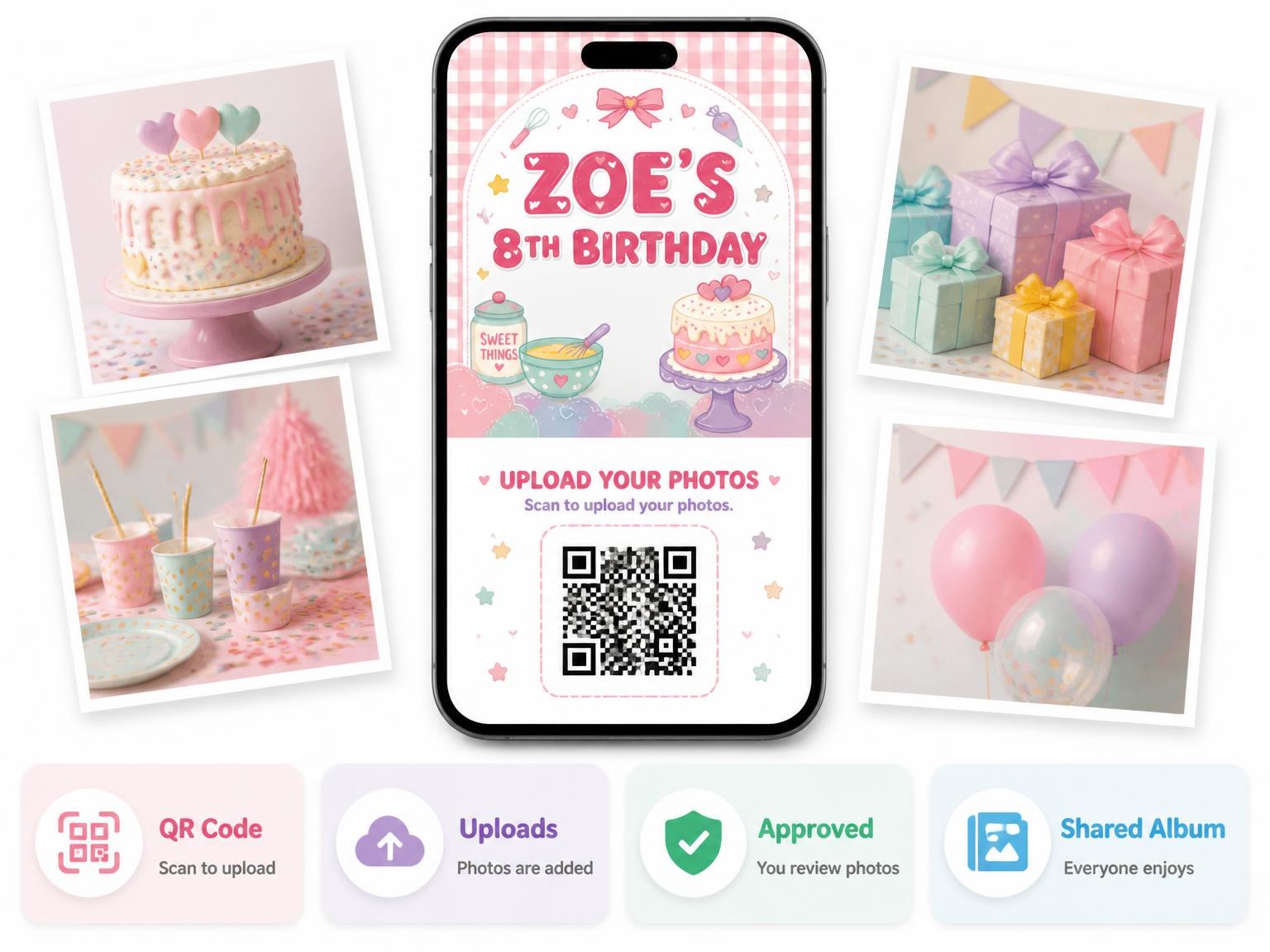 The shared photo gallery that comes with the Kawaii Baker 8th Birthday Invitation invitation