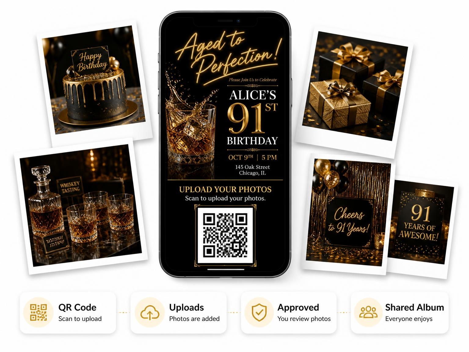 The shared photo gallery that comes with the Whiskey Tumbler 91st Birthday Invitation invitation