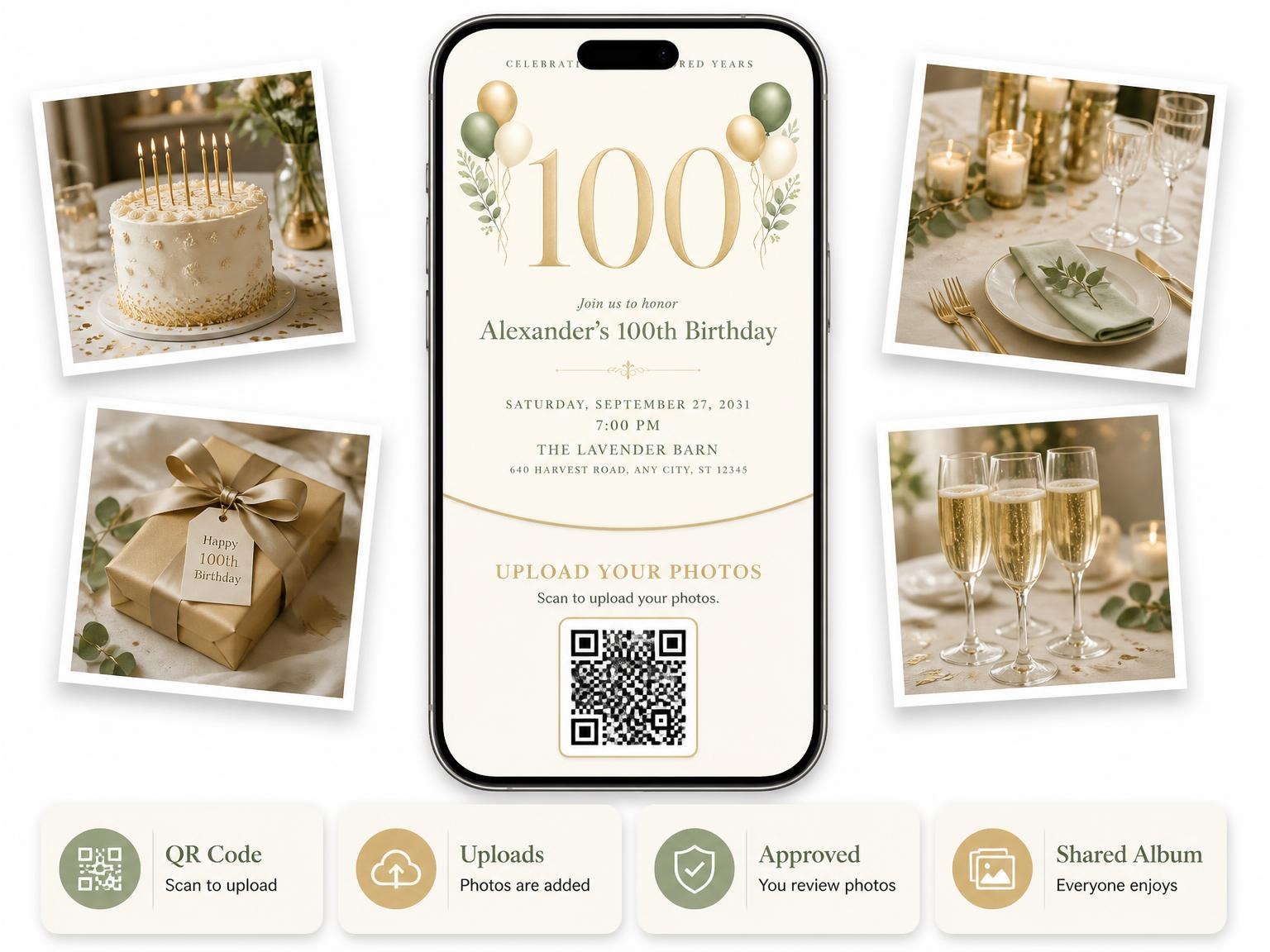 The shared photo gallery that comes with the Sage and Ivory 100th Birthday Invitation invitation