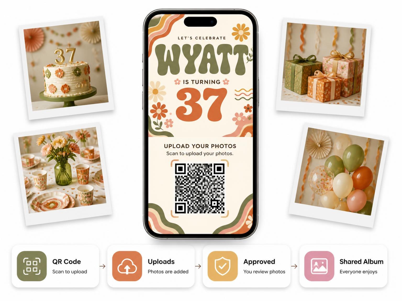 The shared photo gallery that comes with the Groovy Retro 37th Birthday Invitation invitation