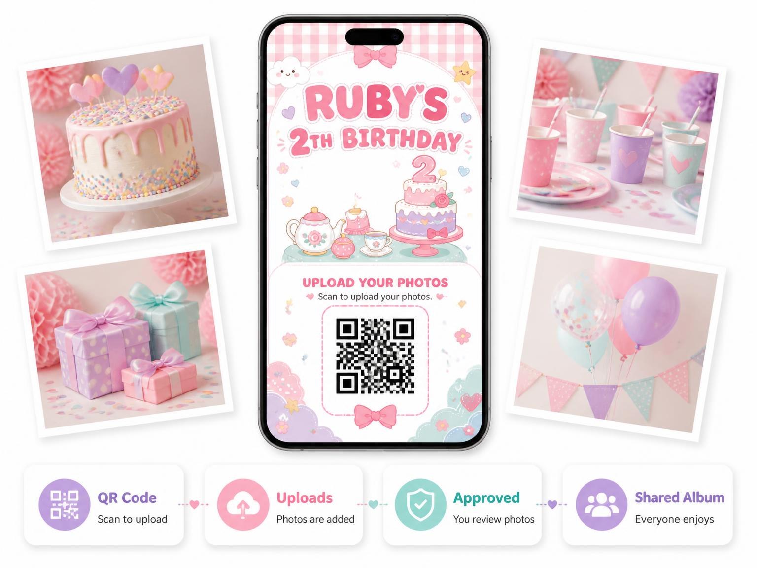 The shared photo gallery that comes with the Kawaii Tea For Two 2nd Birthday Invitation invitation