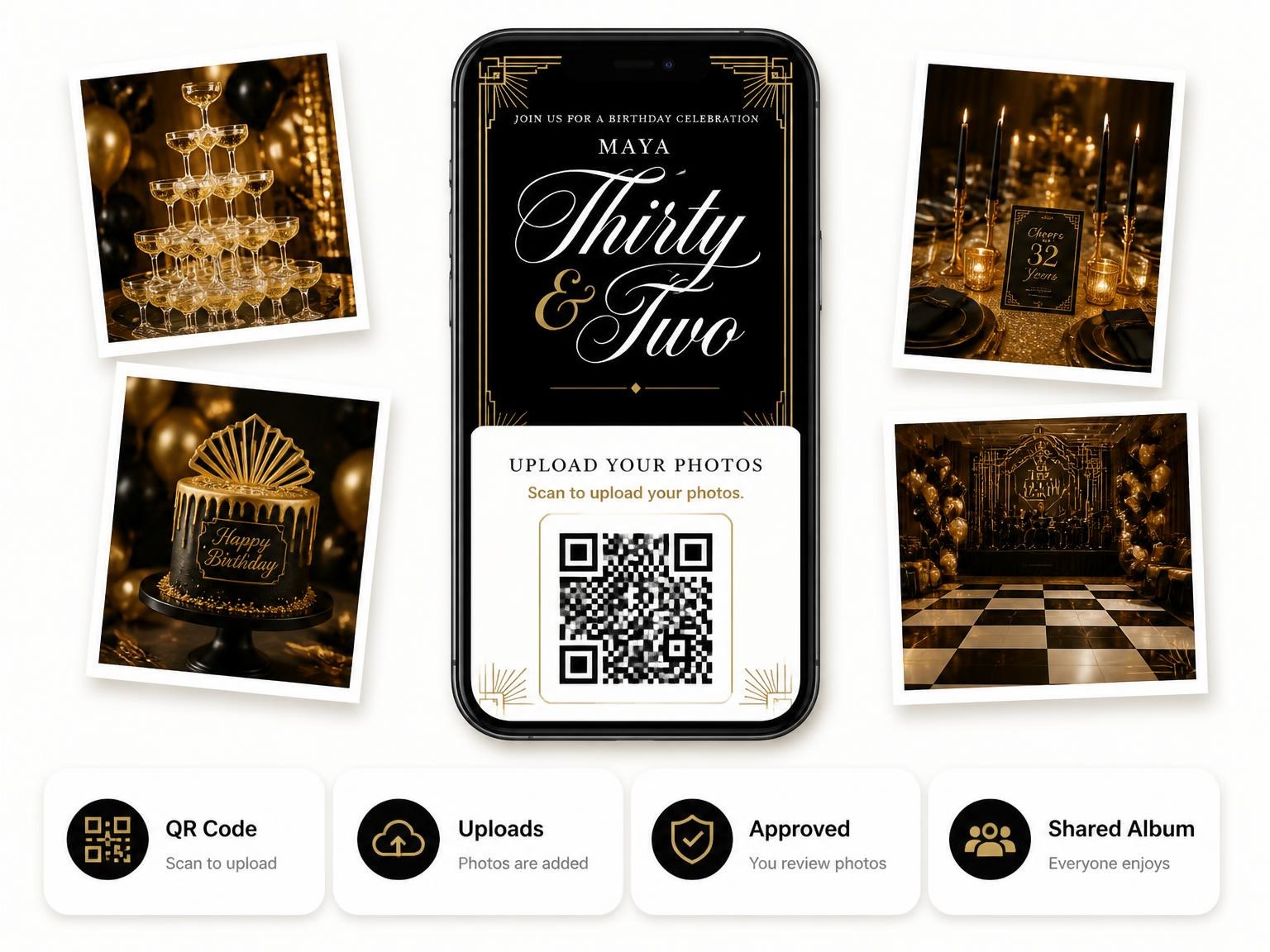 The shared photo gallery that comes with the Art Deco 32nd Birthday Invitation invitation