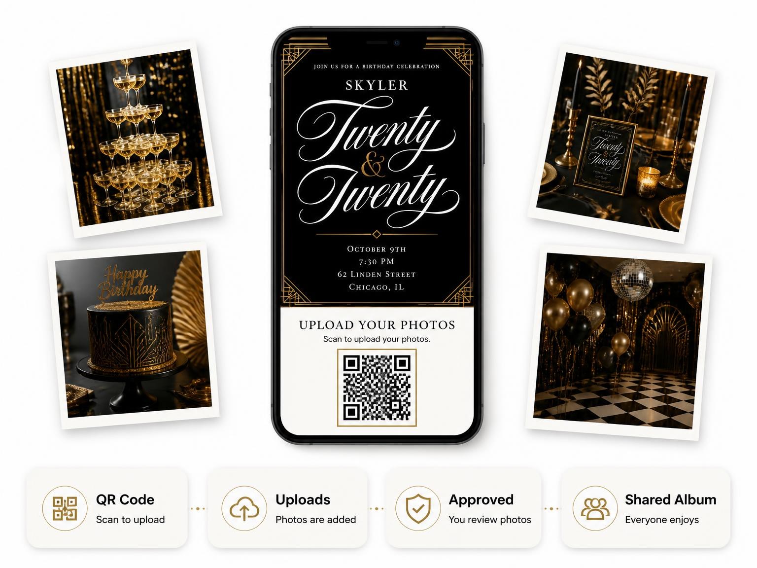 The shared photo gallery that comes with the Art Deco 40th Birthday Invitation invitation