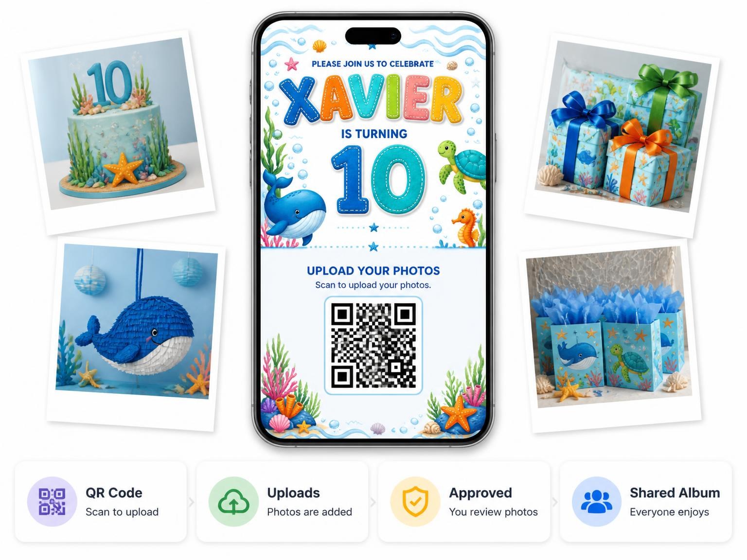The shared photo gallery that comes with the Stitched Under the Sea 10th Birthday Invitation invitation