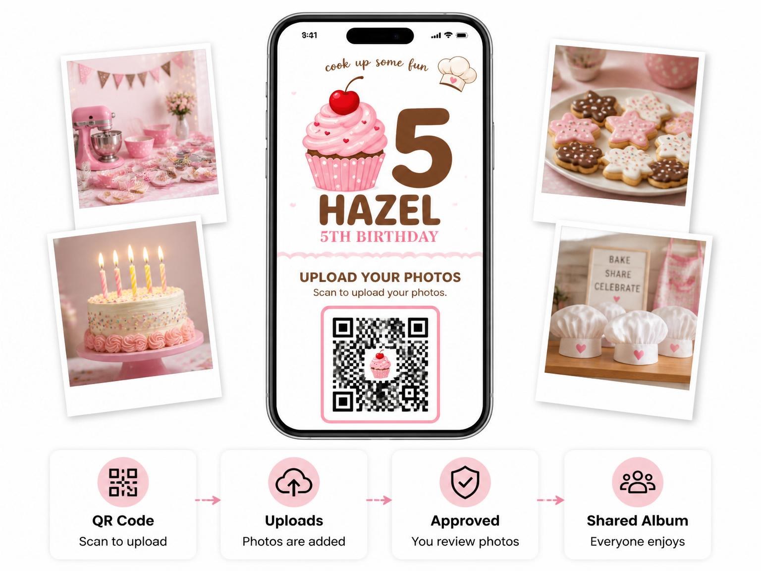 The shared photo gallery that comes with the Pink Cupcake Chef 5th Birthday invitation