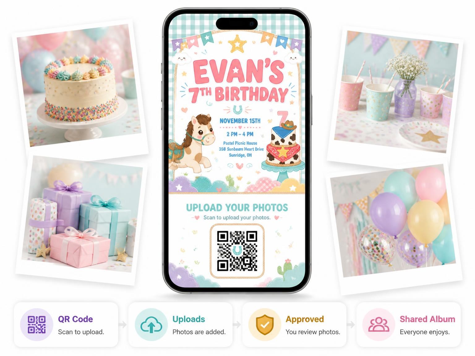 The shared photo gallery that comes with the Cowboy Kawaii Pastel 7th Birthday Invitation invitation
